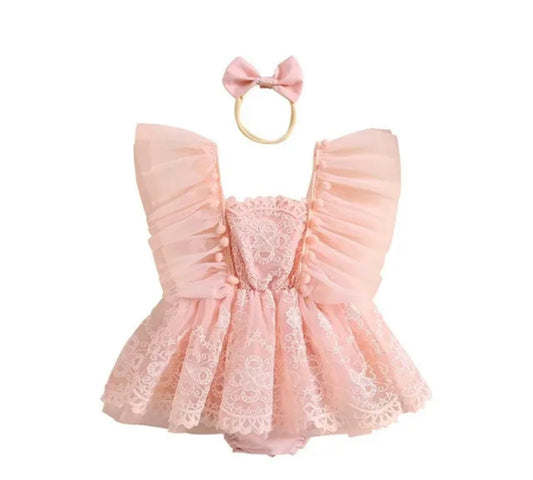 Pompom Romper Dress - Pink